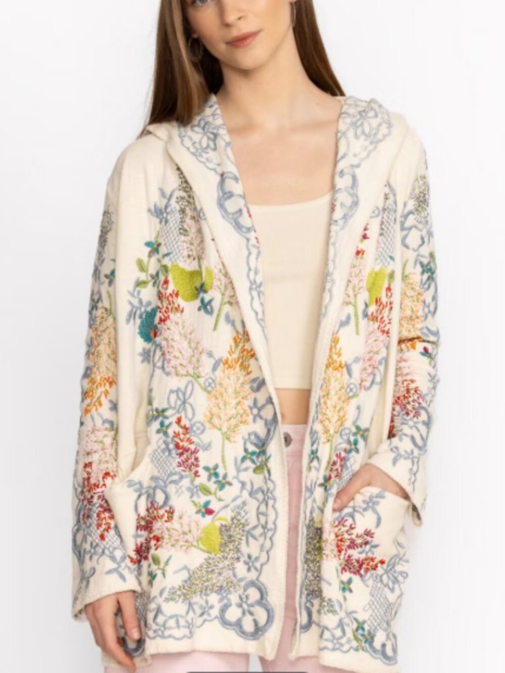 New sz M Johnny Was Biya Embroidered Madrigal Hoodie Sweater Cardigan Open front